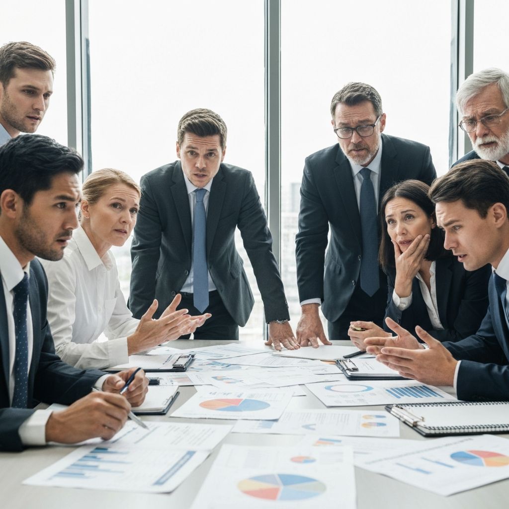 Equipo directivo de construcción analizando problemas de control financiero con documentos y gráficos dispersos, mostrando frustración por falta de sistemas integrados de métricas y KPIs