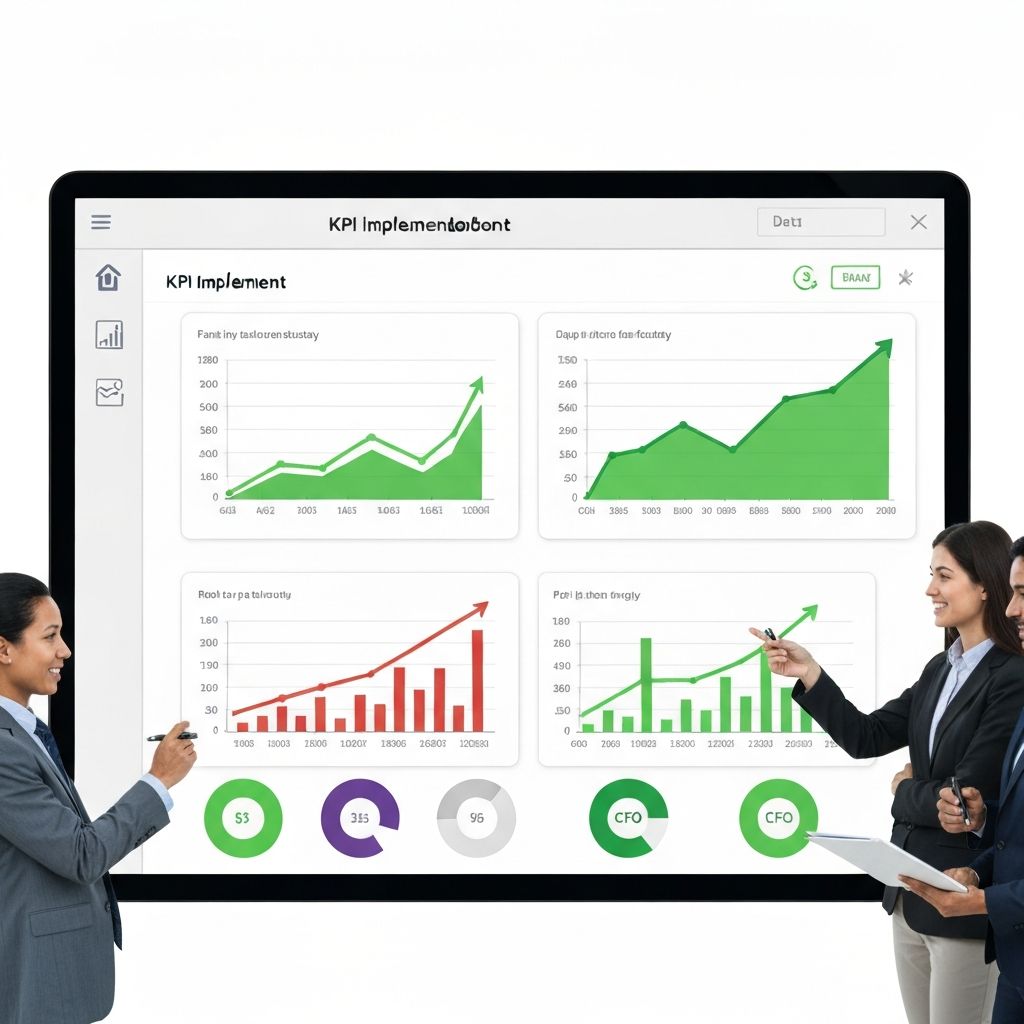 Dashboard digital mostrando resultados positivos de implementación de KPIs con gráficos ascendentes, métricas en verde, y equipo directivo satisfecho revisando mejoras en el control financiero y optimización de procesos